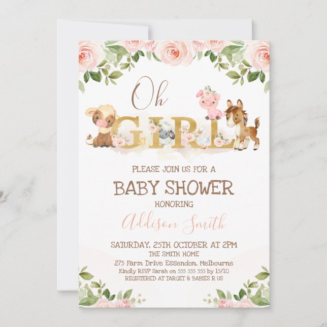 Rosa Blommigt Girls Farm Theter Baby Shower Inbjudningar (Framsida)