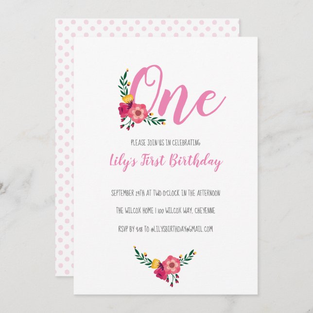 Rosa Blommigt Girl's First Födelsedagsfest Inbjudningar (Fram/baksida)