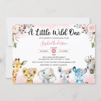Rosa Blommigt Girls Safari Animals Baby Shower Inbjudningar