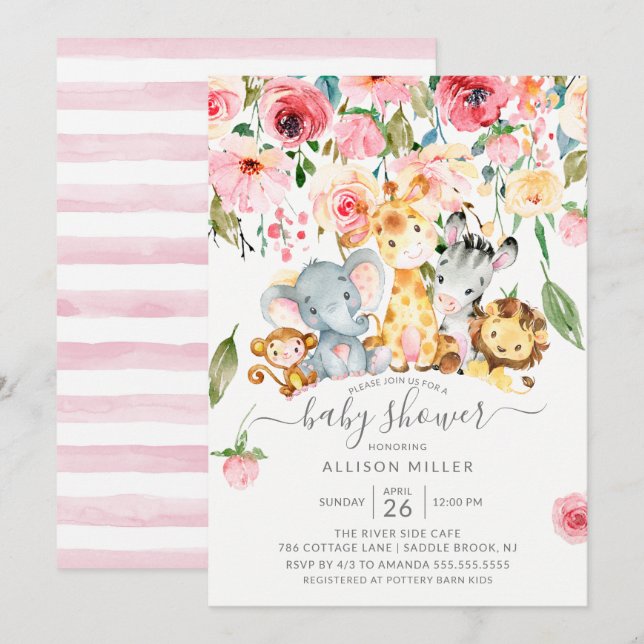 Rosa Blommigt Girls Safari Animals Baby Shower Inbjudningar (Fram/baksida)