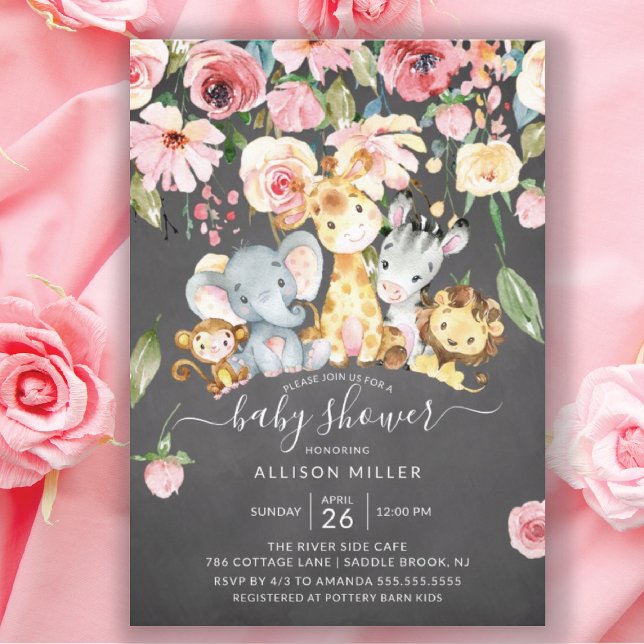 Rosa Blommigt Girls Safari Animals Baby Shower Inbjudningar (Skapare uppladdad)
