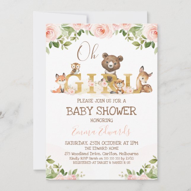 Rosa Blommigt Girls Woodland Theter Baby Shower Inbjudningar (Framsida)