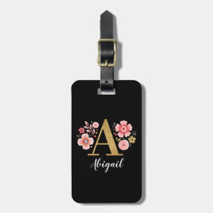 Rosa Blommigt Girly Monogram Brev A Initial Bagagebricka