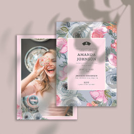 Rosa Blommigt Girly Nursing Photo (Back) Studenten Inbjudningar