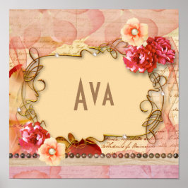 Rosa Blommigt Girly Personlig Namn Monogram Poster
