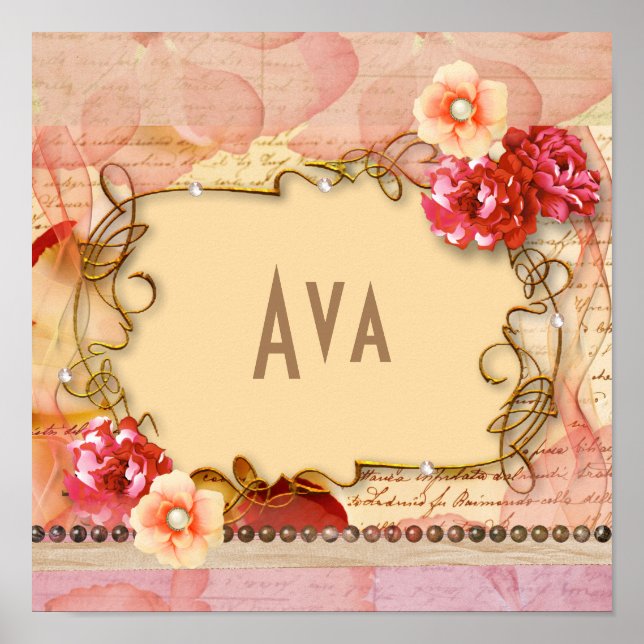 Rosa Blommigt Girly Personlig Namn Monogram Poster (Framsidan)