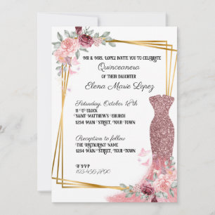 Rosa Blommigt Girly Quinceanera-inbjudan Inbjudningar