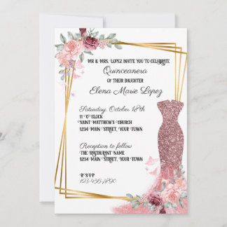 Rosa Blommigt Girly Quinceanera-inbjudan Inbjudningar