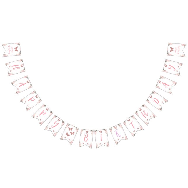 Rosa Blommigt Glitter Butterfly Birthday Banner Vimplar (Alla)