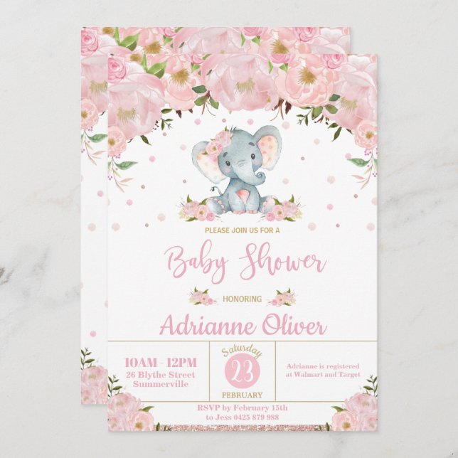 Rosa Blommigt Glitter Cute Elephant Girl Baby Show Inbjudningar (Fram/baksida)