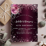 Rosa blommigt  glitter glamoral från daggdagspappe inbjudan vykort<br><div class="desc">För en elegant 40:e (eller någon ålder) födelsedagsfest. En burgundisk övertoningsbakgrund färg. Dekoreras med rosa faux glitter-gnistor och blommigtar. Anpassa och lägg till information om namn,  ålder och party. Namn är skrivet med ett handskript i stil</div>