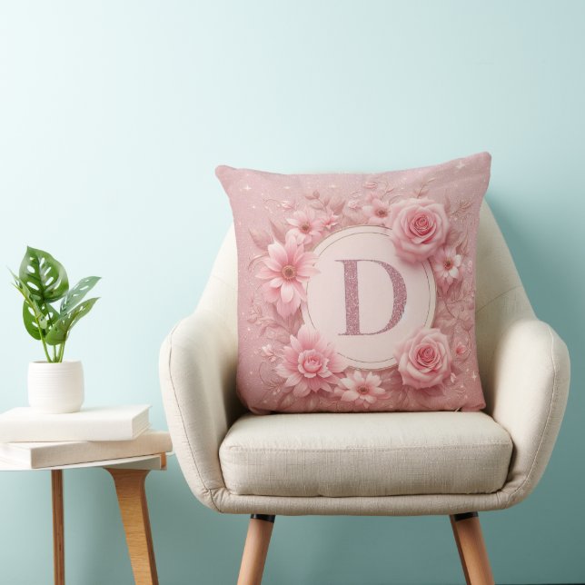 Rosa Blommigt Glitter Monogram Pillow Kudde (Stol)