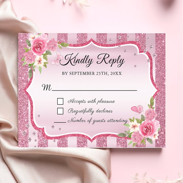 Rosa Blommigt Glitter Quinceanera OSA kort (Skapare uppladdad)