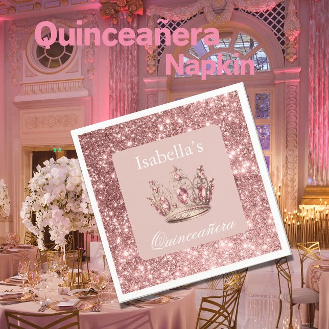 Rosa  Blommigt Glitter Tiara Krona Quinceañera Pappersservett (Skapare uppladdad)