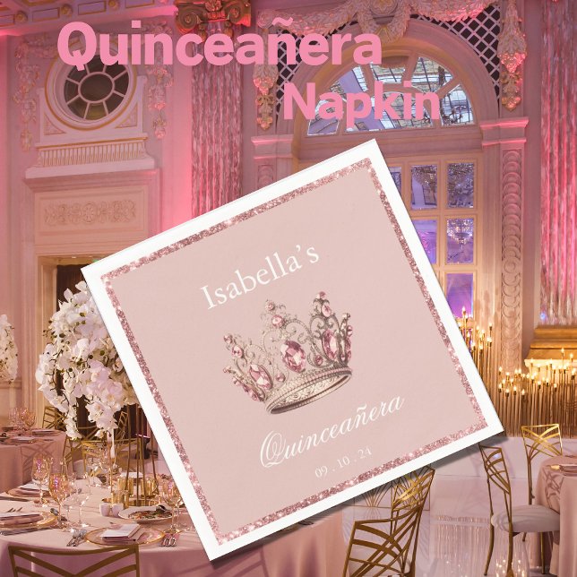 Rosa  Blommigt Glitter Tiara Krona Quinceañera Pappersservett (Skapare uppladdad)