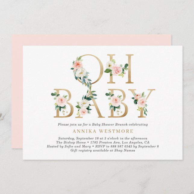  Rosa Blommigt Gold Foil Brev Baby Shower Inbjudningar (Fram/baksida)