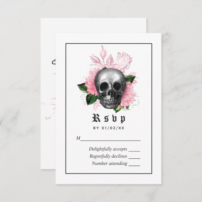 Rosa Blommigt Gotham Skeleton Bröllop OSA Card (Fram/baksida)
