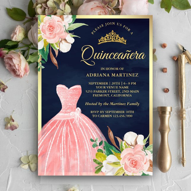  Rosa Blommigt Gown Navy Blue Guld Quinceanera Inbjudningar (Skapare uppladdad)