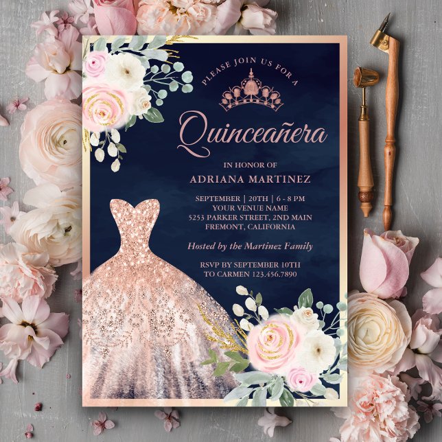  Rosa Blommigt Gown Navy Ro Guld Quinceanera Inbjudningar (Skapare uppladdad)