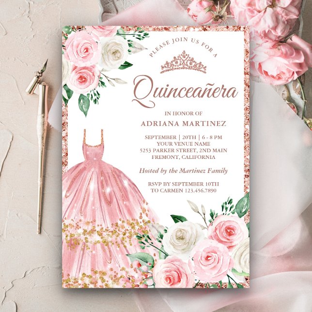  Rosa Blommigt Gown Ro Guld Quinceanera Inbjudningar (Skapare uppladdad)