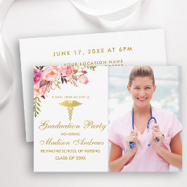 Rosa Blommigt Grad Party Inbjudan Guld