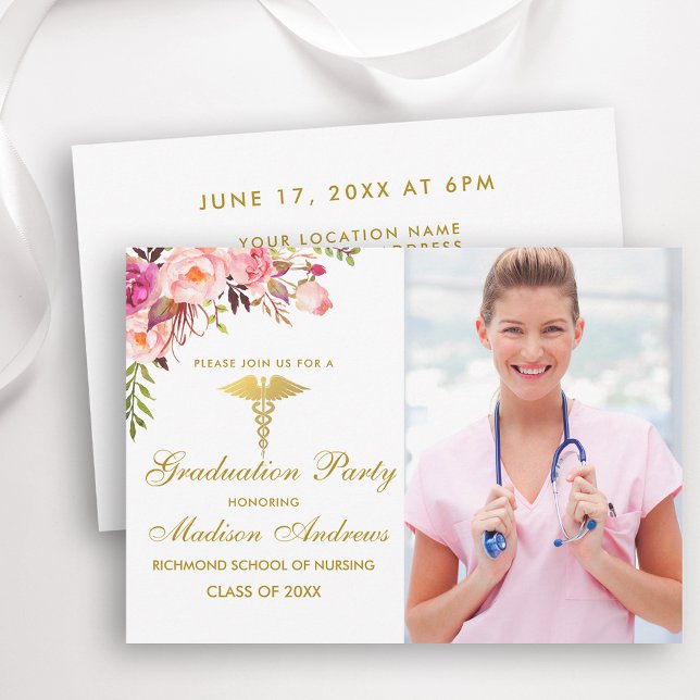Rosa Blommigt Grad Party Inbjudan Guld (Customize to change text size, color or text style.)