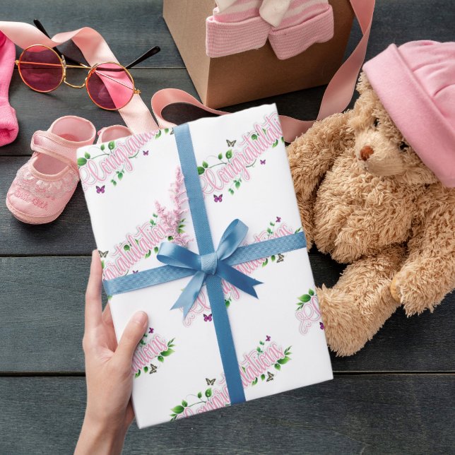 Rosa Blommigt Gratulerar till text Figursätta Papp Presentpapper (Skapare uppladdad)