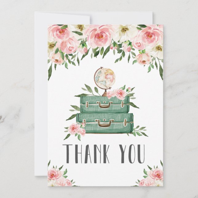 Rosa Blommigt Greenery Äventyr Baby Shower Travel Tack Kort (Framsida)