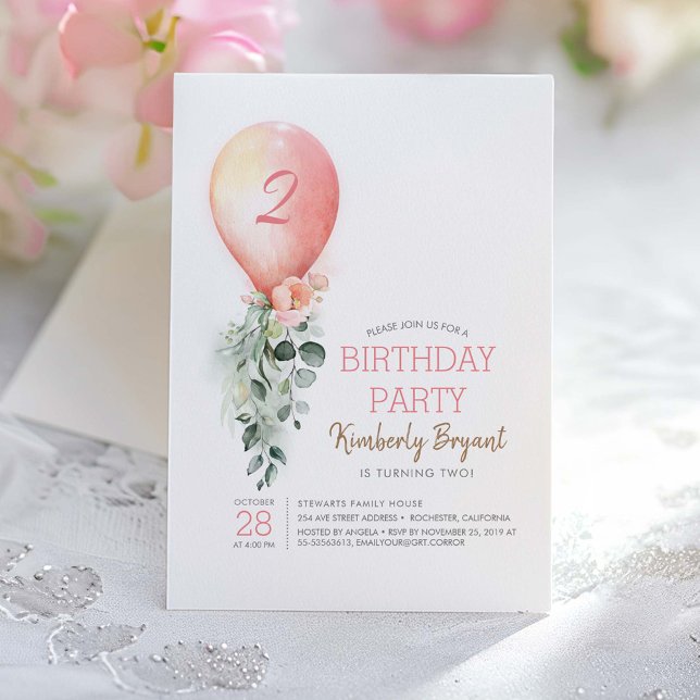 Rosa Blommigt Greenery Balloon Girls Birthday Inbjudningar (Pink Balloon and Greenery Garland Birthday Invitation)