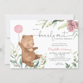 Rosa Blommigt Greenery Bear Balloon Girl Baby Show Inbjudningar