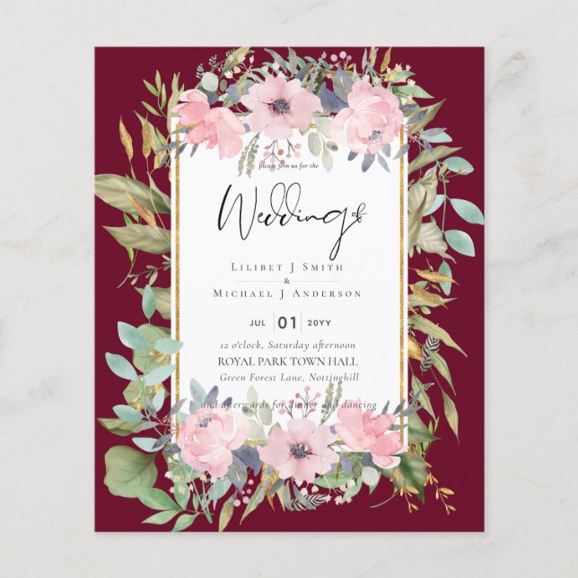  Rosa Blommigt Greenery Boho Bröllop Flygblad (Framsidan)