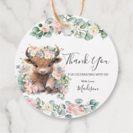 Rosa Blommigt Greenery Cute Highland Cow Tack Gåvor Etiketter