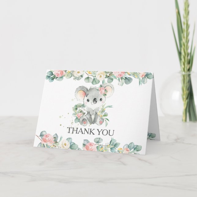 Rosa Blommigt Greenery Cute Koala Girl Baby Shower Tack Kort (Framsida)