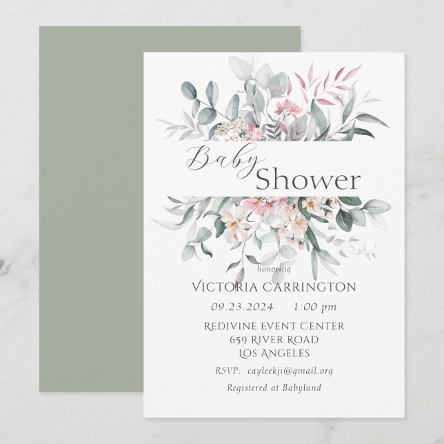 Rosa Blommigt Greenery Elegant Baby Shower Inbjudningar (Fram/baksida)