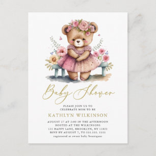 Rosa Blommigt Greenery Elegant Script Baby Shower Inbjudan Vykort