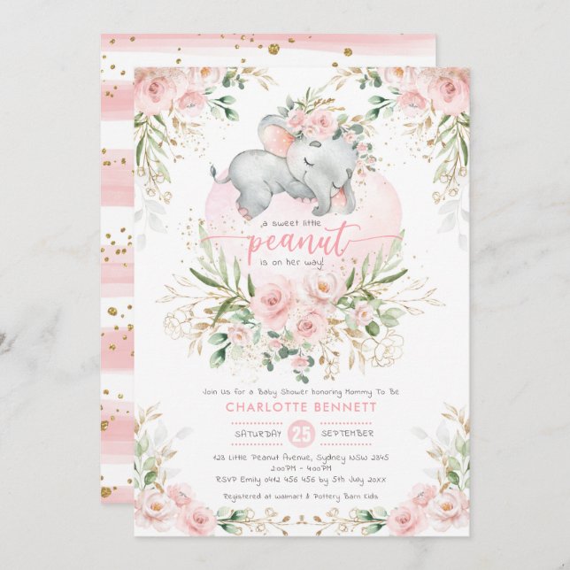  Rosa Blommigt Greenery Elephant Baby Shower Inbjudningar (Fram/baksida)