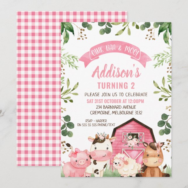 Rosa Blommigt Greenery Farm och Barn Birthday Inbjudningar (Fram/baksida)