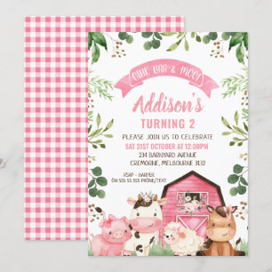 Rosa Blommigt Greenery Farm och Barn Birthday Inbjudningar