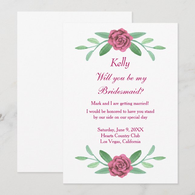 Rosa Blommigt Greenery Foliage Bridesmaid Card Inbjudningar (Fram/baksida)