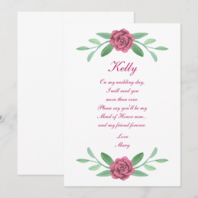 Rosa Blommigt Greenery Foliage Maid of honor Card Inbjudningar (Fram/baksida)