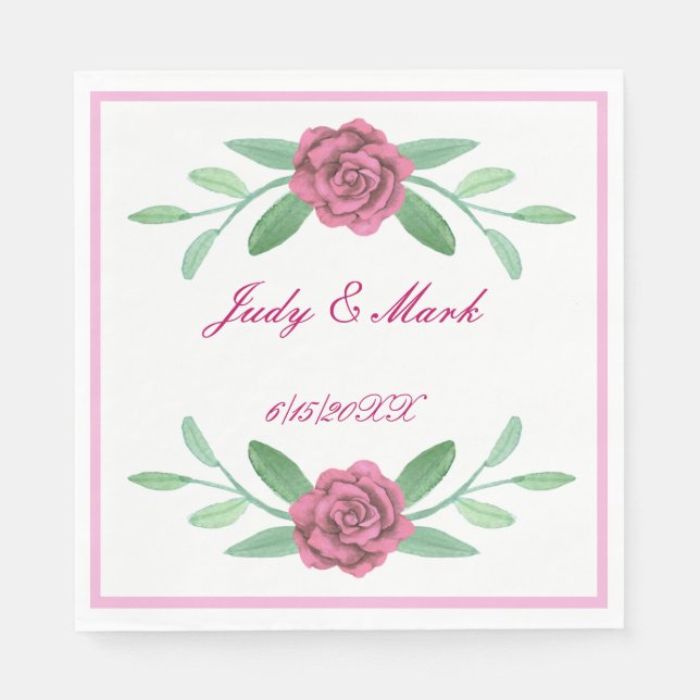 Rosa Blommigt Greenery Foliage Papper Napkins Pappersservett (Framsidan)