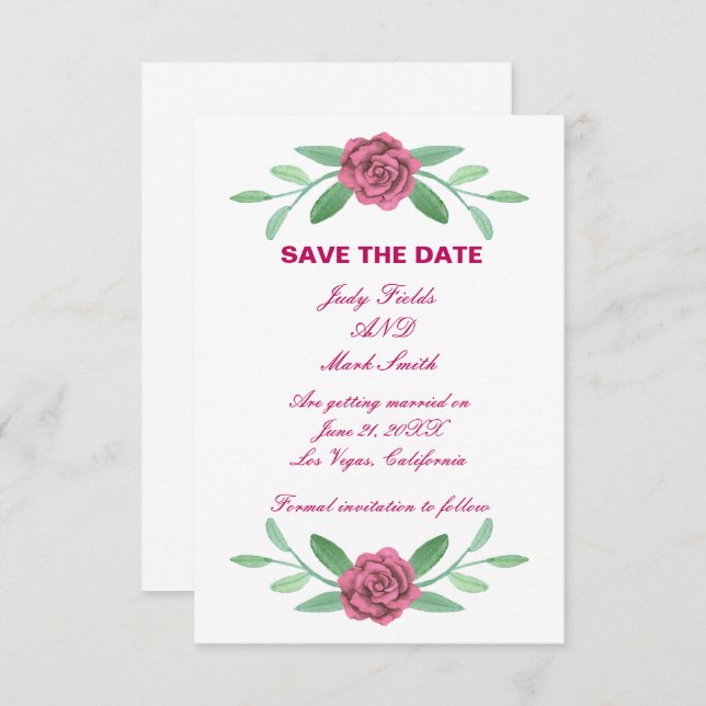 Rosa Blommigt Greenery Foliage Save Date Card Meddelande (Fram/baksida)