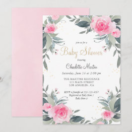 Rosa Blommigt Greenery Girl Baby Shower-inbjudan Inbjudningar