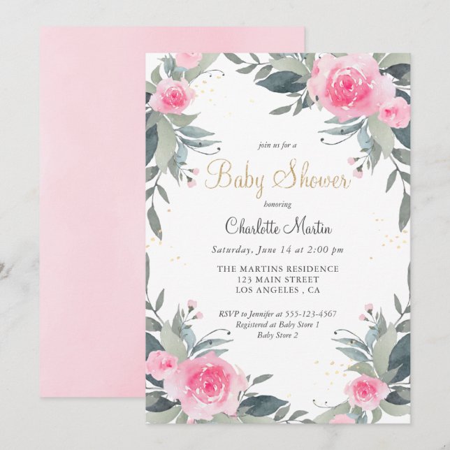 Rosa Blommigt Greenery Girl Baby Shower-inbjudan Inbjudningar (Fram/baksida)