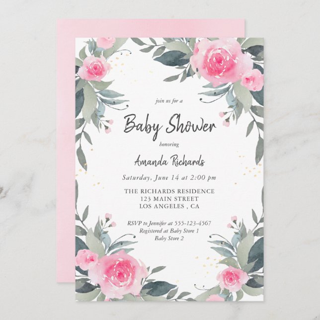 Rosa Blommigt Greenery Girl Baby Shower-inbjudan Inbjudningar (Fram/baksida)