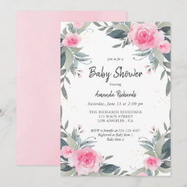 Rosa Blommigt Greenery Girl Baby Shower-inbjudan Inbjudningar