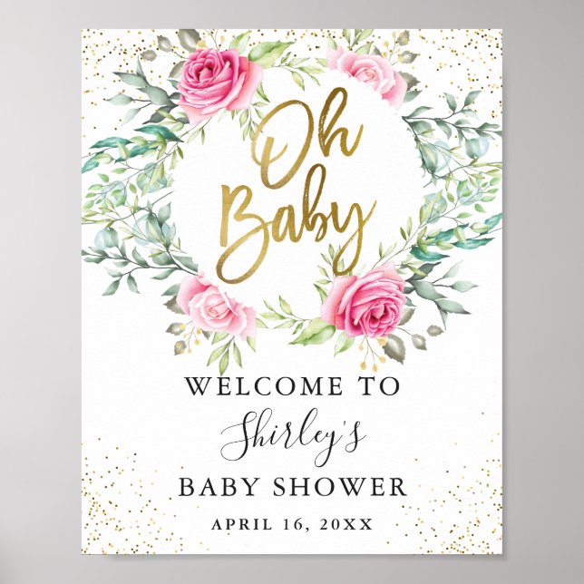 Rosa Blommigt Greenery Glitter Baby Shower Välkomm Poster (Framsidan)