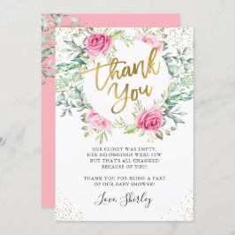 Rosa Blommigt Greenery Guld Script Baby Shower Tack Kort