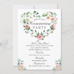 Rosa Blommigt Greenery Houseuppvärmning Party Phot Inbjudningar