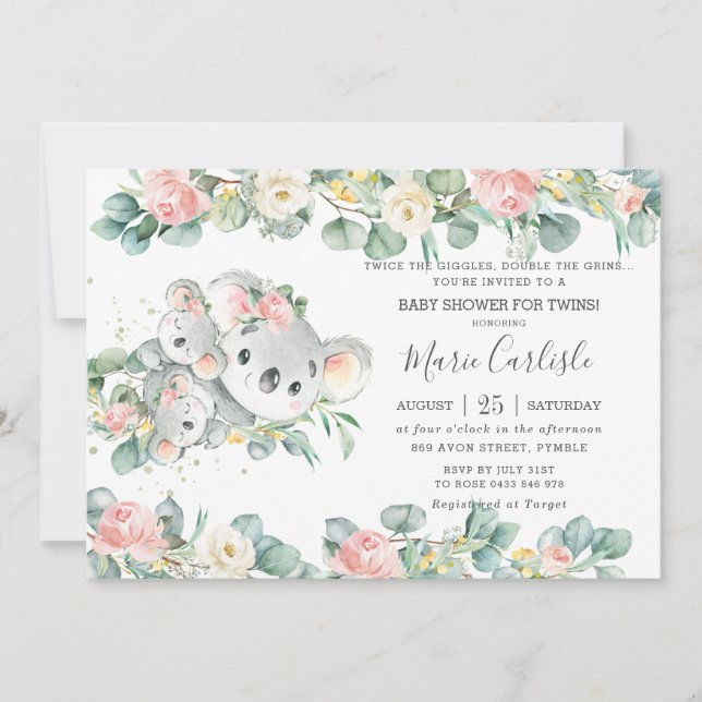 Rosa Blommigt Greenery Koala Baby Shower Twin Girl Inbjudningar (Framsida)